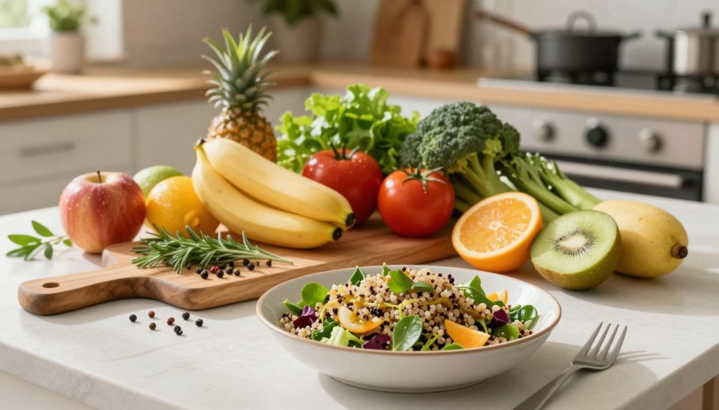 A beautifully arranged table featuring an array of fresh, seasonal fruits and vegetables, emphasizing vibrant colors and textures. In the foreground, a bowl of quinoa salad mixed with leafy greens, drizzled with a light vinaigrette. The middle layer includes a wooden cutting board with herbs and spices, suggesting healthy meal preparation. Soft, natural lighting casts gentle shadows, enhancing the freshness of the ingredients and creating an inviting atmosphere. In the background, a cozy kitchen scene with plants and cooking utensils adds warmth and homeliness. The composition evokes a sense of balance and well-being, promoting the idea of nurturing sustainable eating habits in a welcoming, aesthetically pleasing environment.