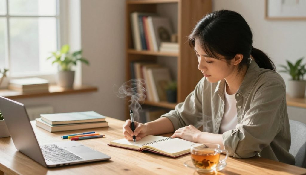 A cozy home office scene, featuring a wooden desk neatly organized with a planner, colorful pens, and a steaming cup of herbal tea. In the foreground, a focused young adult in a casual yet professional outfit writes in their planner, contemplating their daily routine. The middle ground shows bookshelves filled with productivity and self-help books, with a small potted plant adding a touch of greenery. In the background, soft morning light streams through a window, illuminating the room and creating a warm, inviting atmosphere. The composition should be from a slight angle, capturing the serenity of the setting and the individual's commitment to their productivity journey.