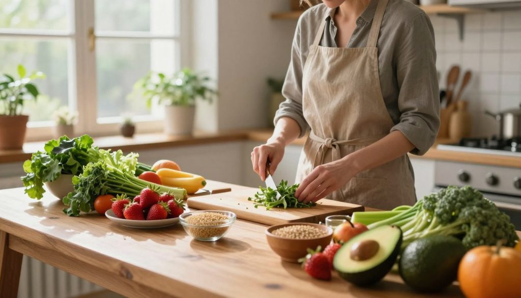A cozy kitchen scene showcasing a diverse array of fresh, vibrant foods that promote healing and well-being. In the foreground, a wooden table is laden with colorful fruits and vegetables—ripe strawberries, leafy greens, avocados, and whole grains, arranged artfully. In the middle ground, a person dressed in professional, modest attire prepares a meal, focused and content, with kitchen utensils in hand. The background features airy, sunlit windows that allow natural light to flood the warm space, enhancing the inviting atmosphere. Soft shadows cast by plants and herbs create a calming mood. The overall setting embodies a sense of mindfulness and connection with nutritious food habits, inviting viewers to embrace their own journey toward a healthier relationship with food. A cozy kitchen scene showcasing a diverse array of fresh, vibrant foods that promote healing and well-being. In the foreground, a wooden table is laden with colorful fruits and vegetables—ripe strawberries, leafy greens, avocados, and whole grains, arranged artfully. In the middle ground, a person dressed in professional, modest attire prepares a meal, focused and content, with kitchen utensils in hand. The background features airy, sunlit windows that allow natural light to flood the warm space, enhancing the inviting atmosphere. Soft shadows cast by plants and herbs create a calming mood. The overall setting embodies a sense of mindfulness and connection with nutritious food habits, inviting viewers to embrace their own journey toward a healthier relationship with food.