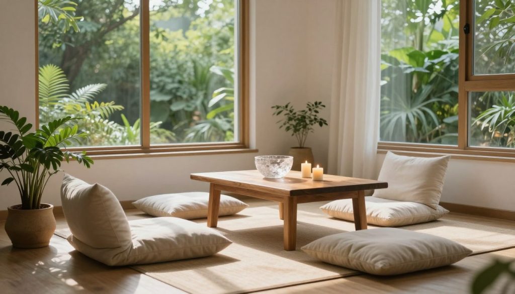 A serene and harmonious indoor space designed for mindful living, featuring soft natural light filtering through large windows, casting gentle shadows. In the foreground, a cozy meditation nook with plush cushions, a small potted plant, and a calming, minimalist design. The middle ground displays a wooden coffee table adorned with a crystal bowl and flickering candles, creating an inviting atmosphere. In the background, lush greenery outside can be seen through the windows, emphasizing a connection to nature. The overall mood is tranquil and inspiring, with a warm color palette of soft greens, browns, and whites. Capture this scene with a wide-angle lens to enhance the sense of space and serenity, ensuring the composition invites viewers to imagine themselves in this peaceful environment. A serene and harmonious indoor space designed for mindful living, featuring soft natural light filtering through large windows, casting gentle shadows. In the foreground, a cozy meditation nook with plush cushions, a small potted plant, and a calming, minimalist design. The middle ground displays a wooden coffee table adorned with a crystal bowl and flickering candles, creating an inviting atmosphere. In the background, lush greenery outside can be seen through the windows, emphasizing a connection to nature. The overall mood is tranquil and inspiring, with a warm color palette of soft greens, browns, and whites. Capture this scene with a wide-angle lens to enhance the sense of space and serenity, ensuring the composition invites viewers to imagine themselves in this peaceful environment.