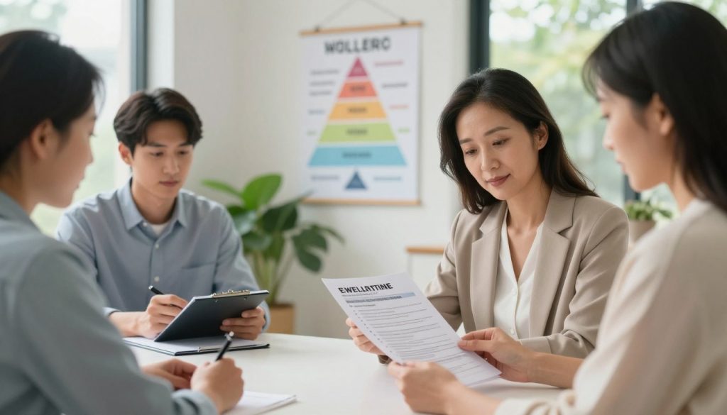 A serene and inspiring wellness assessment scene featuring a diverse group of four individuals in a bright, airy room. In the foreground, a mid-aged woman is seated at a round table, reviewing a wellness questionnaire, her expression focused yet relaxed, dressed in professional business attire. Next to her, a younger man with a notepad discusses his observations with her. In the middle ground, a softly decorated wellness chart hangs on the wall, illustrating holistic health dimensions like physical, emotional, and social well-being. The background includes lush green plants and natural light pouring through large windows, creating a calming atmosphere. The overall mood is encouraging and supportive, emphasizing self-reflection and growth, captured with a shallow depth of field and warm lighting for a friendly feel. A serene and inspiring wellness assessment scene featuring a diverse group of four individuals in a bright, airy room. In the foreground, a mid-aged woman is seated at a round table, reviewing a wellness questionnaire, her expression focused yet relaxed, dressed in professional business attire. Next to her, a younger man with a notepad discusses his observations with her. In the middle ground, a softly decorated wellness chart hangs on the wall, illustrating holistic health dimensions like physical, emotional, and social well-being. The background includes lush green plants and natural light pouring through large windows, creating a calming atmosphere. The overall mood is encouraging and supportive, emphasizing self-reflection and growth, captured with a shallow depth of field and warm lighting for a friendly feel.