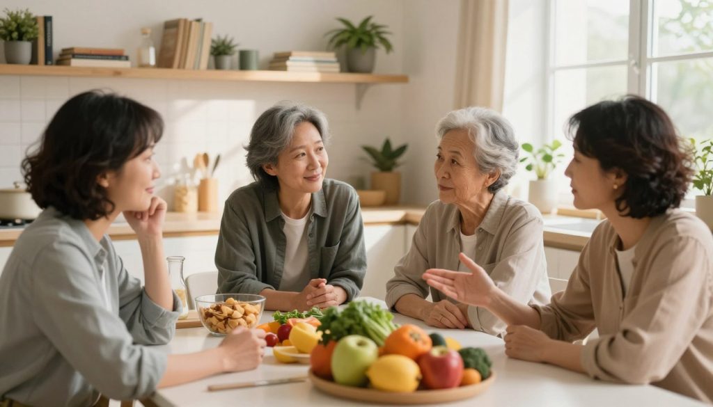 A serene and inviting kitchen scene, with a warm, soft light filtering through a window, casting gentle shadows. In the foreground, a diverse group of three adults, dressed in modest casual clothing, are engaged in a supportive discussion around a table filled with fresh fruits, vegetables, and healthy snacks. Their expressions convey understanding and compassion, creating an atmosphere of connection. In the background, shelves are adorned with cookbooks and small plants, emphasizing a healthy lifestyle. The overall mood is uplifting and encouraging, promoting the theme of overcoming emotional eating without shame or judgment. The camera angle is slightly overhead, providing an inclusive view of the group and their interactions, highlighting a moment of shared support. A serene and inviting kitchen scene, with a warm, soft light filtering through a window, casting gentle shadows. In the foreground, a diverse group of three adults, dressed in modest casual clothing, are engaged in a supportive discussion around a table filled with fresh fruits, vegetables, and healthy snacks. Their expressions convey understanding and compassion, creating an atmosphere of connection. In the background, shelves are adorned with cookbooks and small plants, emphasizing a healthy lifestyle. The overall mood is uplifting and encouraging, promoting the theme of overcoming emotional eating without shame or judgment. The camera angle is slightly overhead, providing an inclusive view of the group and their interactions, highlighting a moment of shared support.