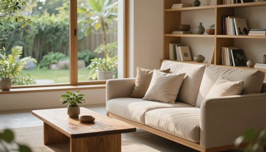 A serene and inviting mindful living space designed for tranquility and simplicity. In the foreground, a cozy nook with a plush, neutral-colored sofa adorned with soft throw pillows sits next to a wooden coffee table with a small potted plant. The middle ground features an open layout with large windows allowing natural sunlight to flood in, casting warm light across the space. A calming color palette of greens and earth tones enhances the atmosphere. In the background, a minimalist bookshelf holds a selection of books and decorative items, while a subtle indoor garden peeks out from a corner. The setting has a peaceful ambiance, perfect for contemplation or relaxation. Capture this scene with soft focus and a wide-angle lens, emphasizing warmth and harmony. A serene and inviting mindful living space designed for tranquility and simplicity. In the foreground, a cozy nook with a plush, neutral-colored sofa adorned with soft throw pillows sits next to a wooden coffee table with a small potted plant. The middle ground features an open layout with large windows allowing natural sunlight to flood in, casting warm light across the space. A calming color palette of greens and earth tones enhances the atmosphere. In the background, a minimalist bookshelf holds a selection of books and decorative items, while a subtle indoor garden peeks out from a corner. The setting has a peaceful ambiance, perfect for contemplation or relaxation. Capture this scene with soft focus and a wide-angle lens, emphasizing warmth and harmony.