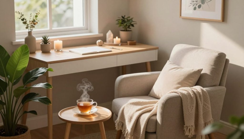 A serene and inviting mindful living space, featuring a cozy reading nook with a plush armchair, soft throw blankets, and a small side table holding a steaming cup of tea. In the foreground, a lush indoor plant adds a touch of nature. The middle area showcases a well-organized minimalist desk with calming decor items, such as candles and crystals, bathed in warm, natural lighting from a nearby window. The background includes soft, neutral-toned walls adorned with inspirational artwork. Include gentle sunlight streaming in, casting soft shadows, creating a peaceful atmosphere. Capture the scene from a slight overhead angle to emphasize the harmony and tranquility of the space while maintaining an overall warm, inviting mood conducive to mindfulness. A serene and inviting mindful living space, featuring a cozy reading nook with a plush armchair, soft throw blankets, and a small side table holding a steaming cup of tea. In the foreground, a lush indoor plant adds a touch of nature. The middle area showcases a well-organized minimalist desk with calming decor items, such as candles and crystals, bathed in warm, natural lighting from a nearby window. The background includes soft, neutral-toned walls adorned with inspirational artwork. Include gentle sunlight streaming in, casting soft shadows, creating a peaceful atmosphere. Capture the scene from a slight overhead angle to emphasize the harmony and tranquility of the space while maintaining an overall warm, inviting mood conducive to mindfulness.