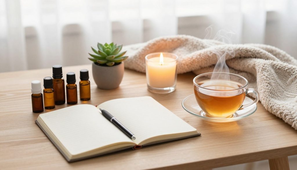 A serene and inviting self-care essentials setup arranged on a soft, natural wooden table. In the foreground, a cozy, open notebook with a pen and a steaming cup of herbal tea sits beside an array of essential oils in elegant glass bottles. In the middle ground, a small succulent plant and a lit scented candle create a calming atmosphere, while a plush, pastel-colored blanket is casually draped nearby. The background features soft, diffused natural light filtering through sheer curtains, giving the space a warm glow. The overall mood is peaceful and nurturing, encouraging the viewer to envision their personalized nourishment plan for self-care. The scene is framed from a slight overhead angle, enhancing the cozy feel without any distractions. A serene and inviting self-care essentials setup arranged on a soft, natural wooden table. In the foreground, a cozy, open notebook with a pen and a steaming cup of herbal tea sits beside an array of essential oils in elegant glass bottles. In the middle ground, a small succulent plant and a lit scented candle create a calming atmosphere, while a plush, pastel-colored blanket is casually draped nearby. The background features soft, diffused natural light filtering through sheer curtains, giving the space a warm glow. The overall mood is peaceful and nurturing, encouraging the viewer to envision their personalized nourishment plan for self-care. The scene is framed from a slight overhead angle, enhancing the cozy feel without any distractions.