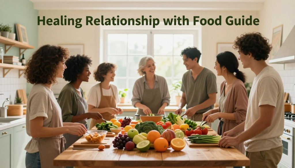 A serene and inviting setting depicting a "Healing Relationship with Food Guide." In the foreground, a wooden kitchen table is laid out with vibrant, fresh fruits and vegetables, emphasizing abundance and nourishment. Beside it, a diverse group of individuals in modest casual clothing happily engages in a cooking class, sharing tips and laughter, capturing the essence of community and support. The middle ground features a sunny window, allowing natural light to flood the space, creating a warm and uplifting atmosphere. In the background, soft, calming colors on the walls and shelves filled with cookbooks emphasize a nurturing environment. The overall mood is positive, hopeful, and transformative, reflecting core strategies for embracing a healthier relationship with food, encouraging connection and well-being. Use a soft focus lens to enhance the warm lighting and create a welcoming feel. A serene and inviting setting depicting a "Healing Relationship with Food Guide." In the foreground, a wooden kitchen table is laid out with vibrant, fresh fruits and vegetables, emphasizing abundance and nourishment. Beside it, a diverse group of individuals in modest casual clothing happily engages in a cooking class, sharing tips and laughter, capturing the essence of community and support. The middle ground features a sunny window, allowing natural light to flood the space, creating a warm and uplifting atmosphere. In the background, soft, calming colors on the walls and shelves filled with cookbooks emphasize a nurturing environment. The overall mood is positive, hopeful, and transformative, reflecting core strategies for embracing a healthier relationship with food, encouraging connection and well-being. Use a soft focus lens to enhance the warm lighting and create a welcoming feel.