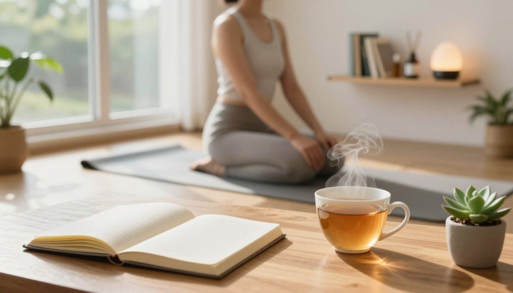 A serene and inviting workspace that embodies a holistic daily routine. In the foreground, a wooden desk is filled with a neat journal, a steaming cup of herbal tea, and a small succulent plant. In the middle, a softly lit yoga mat is rolled out, with a person in modest casual clothing practicing a gentle stretch, radiating calmness. To the right, a small wall-mounted shelf displays wellness books and a diffuser emitting soft light. The background features a large window with natural light flooding in, illuminating greenery outside. The atmosphere is peaceful and inspiring, with warm tones and gentle shadows, captured at eye level using a soft focus lens to enhance a tranquil mood.