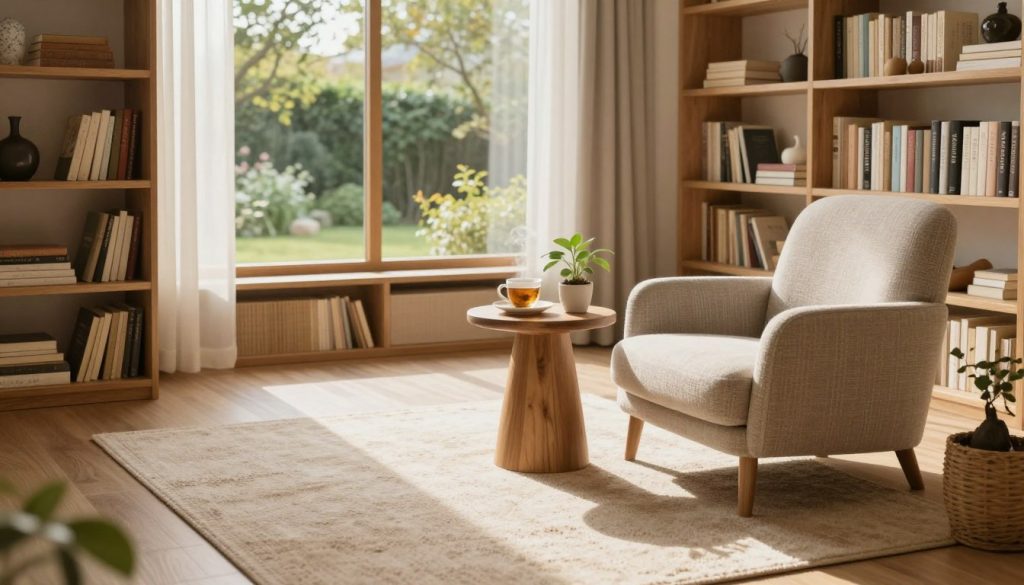 A serene and mindful living space designed for tranquility, featuring a cozy reading nook with a soft, textured armchair and a small wooden side table beside it, adorned with a steaming cup of herbal tea and a potted plant. In the middle ground, a light-colored area rug cushions the floor, surrounded by neatly organized bookshelves filled with an array of books and handcrafted decorations. The background showcases large windows letting in warm, natural light, framed by sheer curtains, with a view of a lush garden outside. Soft earth tones dominate the color palette, creating a calm and inviting atmosphere. The image should be captured with a wide-angle lens, emphasizing the spaciousness, and conveying a sense of peaceful daily practice in nurturing one’s environment. A serene and mindful living space designed for tranquility, featuring a cozy reading nook with a soft, textured armchair and a small wooden side table beside it, adorned with a steaming cup of herbal tea and a potted plant. In the middle ground, a light-colored area rug cushions the floor, surrounded by neatly organized bookshelves filled with an array of books and handcrafted decorations. The background showcases large windows letting in warm, natural light, framed by sheer curtains, with a view of a lush garden outside. Soft earth tones dominate the color palette, creating a calm and inviting atmosphere. The image should be captured with a wide-angle lens, emphasizing the spaciousness, and conveying a sense of peaceful daily practice in nurturing one’s environment.