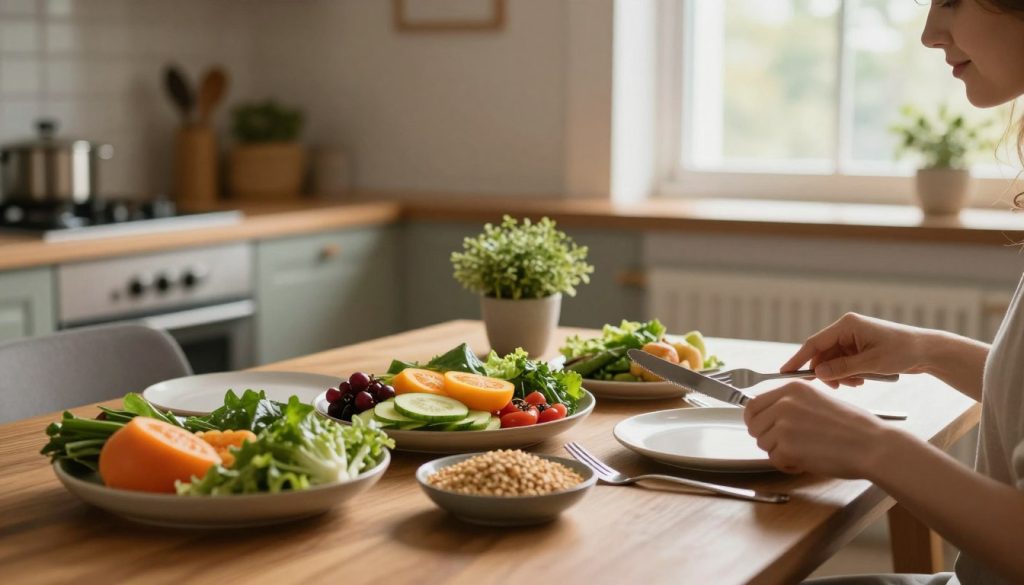 A serene dining setting highlighting the practice of mindful eating. In the foreground, a beautifully arranged wooden table with an array of colorful, fresh, and healthy foods: vibrant fruits, leafy greens, and whole grains. A pair of hands, elegantly positioned, gently grasping a fork and knife, suggesting a slow and intentional dining experience. In the middle ground, a peaceful atmosphere is created by soft, natural lighting filtering through a nearby window, casting warm shadows. A small, potted plant adds a touch of greenery. In the background, a tranquil kitchen space is visible, with muted colors and soft textures enhancing the calm mood. The overall atmosphere is one of balance and mindfulness, evoking a sense of connection between body and food. A serene dining setting highlighting the practice of mindful eating. In the foreground, a beautifully arranged wooden table with an array of colorful, fresh, and healthy foods: vibrant fruits, leafy greens, and whole grains. A pair of hands, elegantly positioned, gently grasping a fork and knife, suggesting a slow and intentional dining experience. In the middle ground, a peaceful atmosphere is created by soft, natural lighting filtering through a nearby window, casting warm shadows. A small, potted plant adds a touch of greenery. In the background, a tranquil kitchen space is visible, with muted colors and soft textures enhancing the calm mood. The overall atmosphere is one of balance and mindfulness, evoking a sense of connection between body and food.