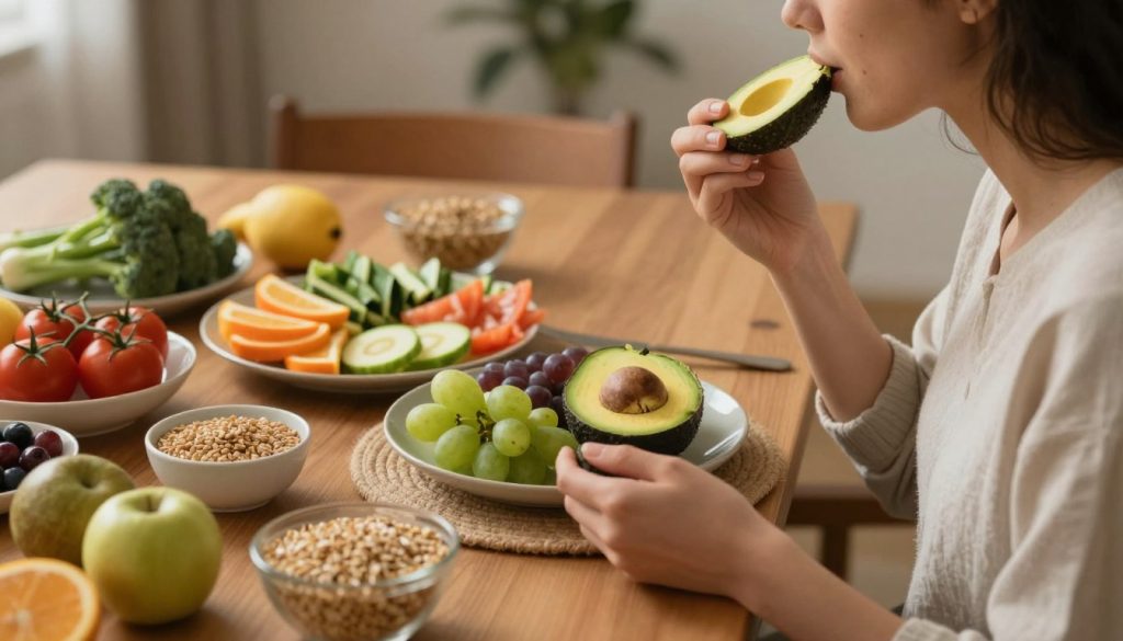 A serene indoor dining setting showcasing a diverse table filled with fresh, colorful fruits, vegetables, and whole grains. In the foreground, a person dressed in comfortable, modest casual clothing is engaged in mindful eating, savoring a slice of ripe avocado while attentively gazing at their meal. In the middle, an inviting plate of beautifully arranged foods emphasizes the concept of nourishment and health. The background features soft, warm lighting that creates a calm and inviting atmosphere, with gentle shadows enhancing the textures of the food. The angle is a slight overhead view, capturing both the person and the table, emphasizing connection and mindfulness. The mood is peaceful and introspective, promoting a sense of harmony with food. A serene indoor dining setting showcasing a diverse table filled with fresh, colorful fruits, vegetables, and whole grains. In the foreground, a person dressed in comfortable, modest casual clothing is engaged in mindful eating, savoring a slice of ripe avocado while attentively gazing at their meal. In the middle, an inviting plate of beautifully arranged foods emphasizes the concept of nourishment and health. The background features soft, warm lighting that creates a calm and inviting atmosphere, with gentle shadows enhancing the textures of the food. The angle is a slight overhead view, capturing both the person and the table, emphasizing connection and mindfulness. The mood is peaceful and introspective, promoting a sense of harmony with food.