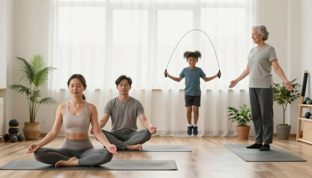 A serene indoor setting that embodies balanced living and physical wellness. In the foreground, a diverse group of four individuals in modest casual clothing engages in various physical activities: a woman practicing yoga with a tranquil expression, a man meditating beside her, a child joyfully jumping with a jump rope, and an elderly person gently stretching. The middle ground features potted plants and fitness equipment, symbolizing health and vitality. In the background, a large window lets in soft, natural light that creates a warm and inviting atmosphere, filtered through sheer curtains. The overall mood is uplifting and harmonious, evoking peace and motivation for a holistic lifestyle focused on movement and wellness. A serene indoor setting that embodies balanced living and physical wellness. In the foreground, a diverse group of four individuals in modest casual clothing engages in various physical activities: a woman practicing yoga with a tranquil expression, a man meditating beside her, a child joyfully jumping with a jump rope, and an elderly person gently stretching. The middle ground features potted plants and fitness equipment, symbolizing health and vitality. In the background, a large window lets in soft, natural light that creates a warm and inviting atmosphere, filtered through sheer curtains. The overall mood is uplifting and harmonious, evoking peace and motivation for a holistic lifestyle focused on movement and wellness.