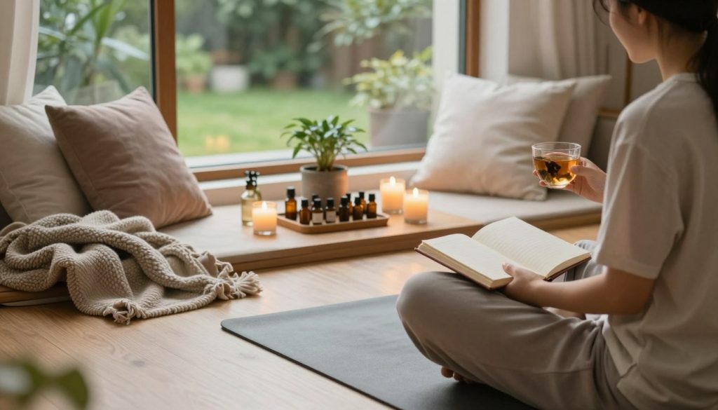 A serene indoor space dedicated to holistic self-care, featuring a cozy reading nook with soft, textured blankets and pillows. In the foreground, a person in modest casual clothing sits cross-legged on a yoga mat, sipping herbal tea while journaling. The middle ground showcases an array of self-care items: essential oils, a small indoor plant, and soothing candles casting a warm glow. The background has large windows streaming in natural light, revealing a tranquil garden outside. The atmosphere is calm and inviting, exuding a sense of balance and warmth, perfect for reflecting on personal growth and well-being. Use soft, ambient lighting to enhance the peaceful mood and a slightly elevated angle to capture the entire scene harmoniously. A serene indoor space dedicated to holistic self-care, featuring a cozy reading nook with soft, textured blankets and pillows. In the foreground, a person in modest casual clothing sits cross-legged on a yoga mat, sipping herbal tea while journaling. The middle ground showcases an array of self-care items: essential oils, a small indoor plant, and soothing candles casting a warm glow. The background has large windows streaming in natural light, revealing a tranquil garden outside. The atmosphere is calm and inviting, exuding a sense of balance and warmth, perfect for reflecting on personal growth and well-being. Use soft, ambient lighting to enhance the peaceful mood and a slightly elevated angle to capture the entire scene harmoniously.