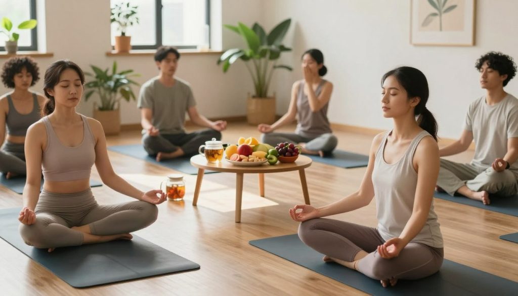 A serene indoor wellness studio filled with natural light, showcasing diverse individuals engaged in holistic wellness practices. In the foreground, a woman in modest yoga attire meditates on a yoga mat, radiating tranquility. Nearby, a man in casual clothing practices deep breathing exercises. In the middle, a small table displays healthy snacks, fresh fruits, and herbal teas, emphasizing nourishment and self-care. In the background, lush plants and calming artwork contribute to a peaceful atmosphere, enhancing the focus on wellness over dieting. The soft lighting casts a warm glow, creating an inviting environment. The image captures the essence of mindfulness, community, and the transition from a diet mindset to sustainable wellness habits. The perspective is slightly elevated, allowing for a comprehensive view of the wellness practices in action.