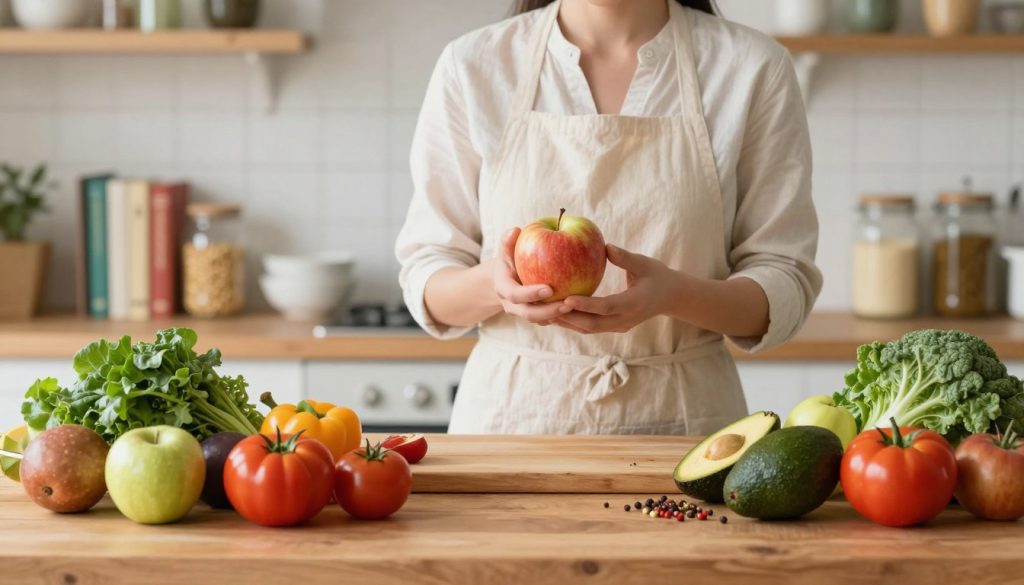 A serene kitchen environment filled with vibrant fruits and vegetables, arranged artfully on a rustic wooden countertop. In the foreground, a diverse array of fresh produce, including leafy greens, tomatoes, avocados, and colorful spices, embodies health and vitality. In the middle ground, a human figure in professional casual attire, gently inspecting a ripe apple, symbolizes the concept of physical nourishment. The background features softly lit shelves stocked with health-focused cookbooks and jars of grains, creating an inviting atmosphere. Use soft, natural lighting to enhance the freshness of the ingredients, captured with a shallow depth of field to direct focus on the subject and the food. The overall mood is calm, uplifting, and inspiring, promoting a sense of wellness and balance. A serene kitchen environment filled with vibrant fruits and vegetables, arranged artfully on a rustic wooden countertop. In the foreground, a diverse array of fresh produce, including leafy greens, tomatoes, avocados, and colorful spices, embodies health and vitality. In the middle ground, a human figure in professional casual attire, gently inspecting a ripe apple, symbolizes the concept of physical nourishment. The background features softly lit shelves stocked with health-focused cookbooks and jars of grains, creating an inviting atmosphere. Use soft, natural lighting to enhance the freshness of the ingredients, captured with a shallow depth of field to direct focus on the subject and the food. The overall mood is calm, uplifting, and inspiring, promoting a sense of wellness and balance.