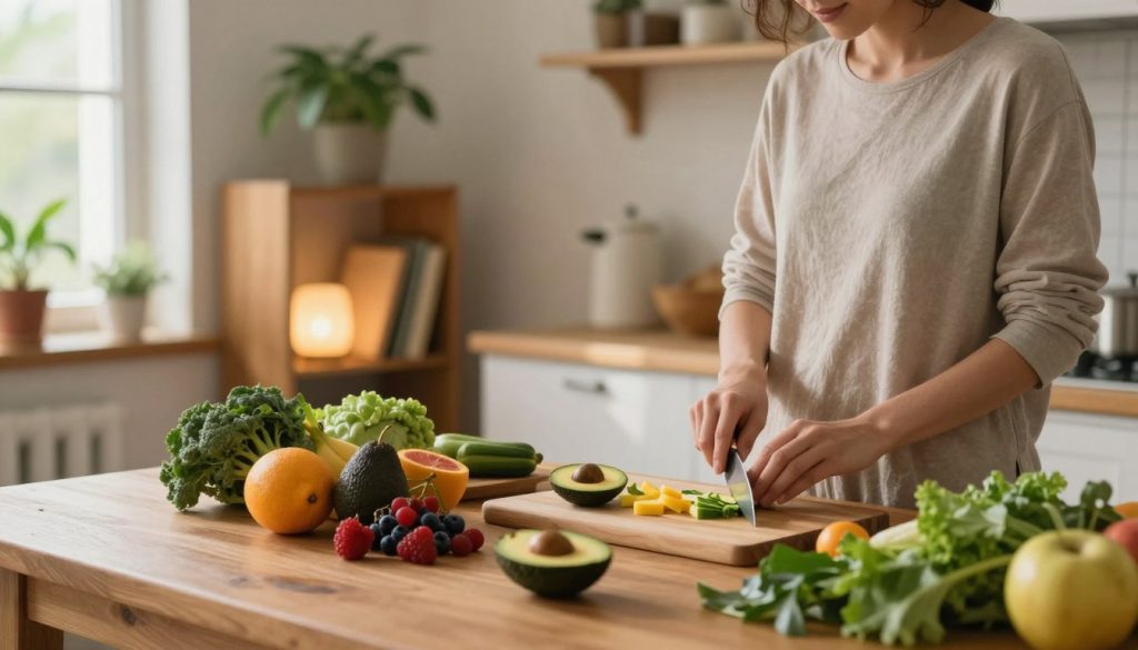 A serene kitchen scene depicting a balanced nutrition journey. In the foreground, a wooden table is adorned with colorful, fresh fruits and vegetables, including avocados, berries, and leafy greens. A person in modest casual clothing is engaged in mindful meal preparation, chopping ingredients with a look of focus and tranquility. In the middle ground, a rustic bookshelf contains cookbooks on nutrition and mindfulness, with a softly glowing light creating warmth. The background features a sunny window with plants accentuating the space, casting gentle shadows. The overall atmosphere is peaceful, encouraging healthy living and a sense of balance, highlighted by warm, natural light. The image reflects a harmonious blend of nutrition and mindfulness. A serene kitchen scene depicting a balanced nutrition journey. In the foreground, a wooden table is adorned with colorful, fresh fruits and vegetables, including avocados, berries, and leafy greens. A person in modest casual clothing is engaged in mindful meal preparation, chopping ingredients with a look of focus and tranquility. In the middle ground, a rustic bookshelf contains cookbooks on nutrition and mindfulness, with a softly glowing light creating warmth. The background features a sunny window with plants accentuating the space, casting gentle shadows. The overall atmosphere is peaceful, encouraging healthy living and a sense of balance, highlighted by warm, natural light. The image reflects a harmonious blend of nutrition and mindfulness.
