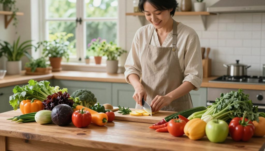 A serene kitchen scene representing a holistic approach to food healing. In the foreground, a diverse array of vibrant, fresh produce—colorful vegetables, herbs, and fruits—are beautifully arranged on a rustic wooden table. In the middle ground, a person of Asian descent, dressed in a modest, professional outfit, is preparing a meal, skillfully chopping vegetables with a joyful expression. The background features soft, natural light pouring in through a window, illuminating a peaceful garden outside with herbs and plants. The overall atmosphere is warm and inviting, suggesting harmony between food and well-being, creating a sense of balance and tranquility that reflects the essence of holistic healing. Use a wide-angle lens to capture the entire scene, enhancing the depth and warmth of the setting. A serene kitchen scene representing a holistic approach to food healing. In the foreground, a diverse array of vibrant, fresh produce—colorful vegetables, herbs, and fruits—are beautifully arranged on a rustic wooden table. In the middle ground, a person of Asian descent, dressed in a modest, professional outfit, is preparing a meal, skillfully chopping vegetables with a joyful expression. The background features soft, natural light pouring in through a window, illuminating a peaceful garden outside with herbs and plants. The overall atmosphere is warm and inviting, suggesting harmony between food and well-being, creating a sense of balance and tranquility that reflects the essence of holistic healing. Use a wide-angle lens to capture the entire scene, enhancing the depth and warmth of the setting.