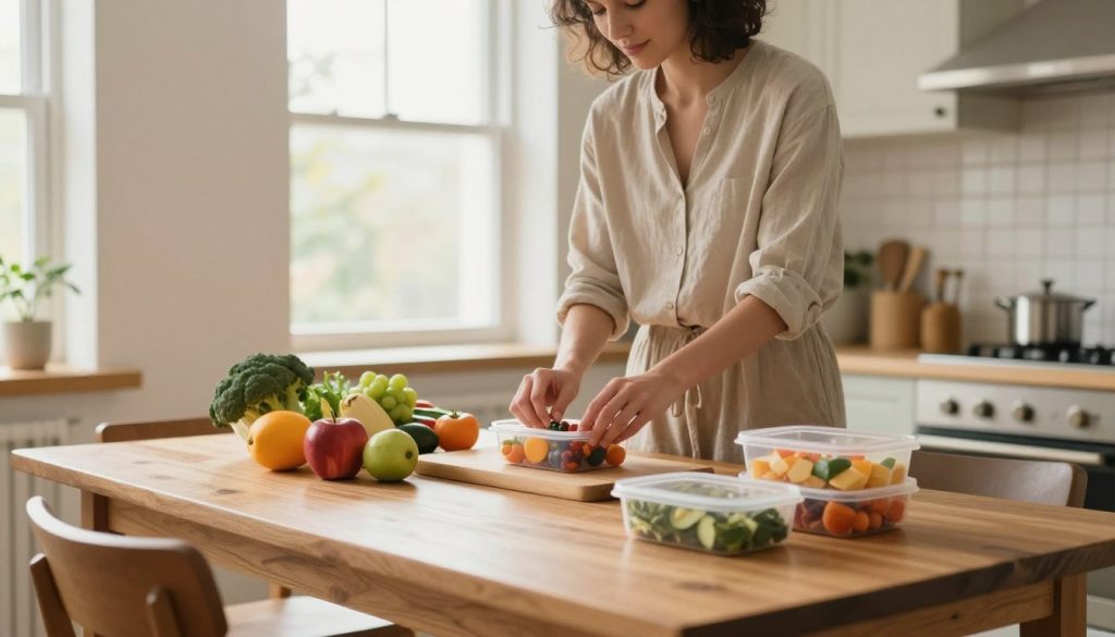 A serene kitchen setting as the foreground, featuring a well-organized wooden dining table adorned with a variety of fresh fruits, vegetables, and careful meal prep containers. In the middle ground, a person in modest casual clothing is thoughtfully arranging healthy ingredients, displaying a focused expression. The backdrop showcases a sunny window, letting in soft, warm natural light that creates a welcoming and uplifting atmosphere. The walls are painted in light, calming colors, contributing to a sense of tranquility. The composition should emphasize a clean, uncluttered environment that promotes the concept of mindfulness in meal planning, evoking feelings of peace, intention, and nourishment. Capture the scene at a slight angle to provide depth and focus on the individual's mindful actions. A serene kitchen setting as the foreground, featuring a well-organized wooden dining table adorned with a variety of fresh fruits, vegetables, and careful meal prep containers. In the middle ground, a person in modest casual clothing is thoughtfully arranging healthy ingredients, displaying a focused expression. The backdrop showcases a sunny window, letting in soft, warm natural light that creates a welcoming and uplifting atmosphere. The walls are painted in light, calming colors, contributing to a sense of tranquility. The composition should emphasize a clean, uncluttered environment that promotes the concept of mindfulness in meal planning, evoking feelings of peace, intention, and nourishment. Capture the scene at a slight angle to provide depth and focus on the individual's mindful actions.