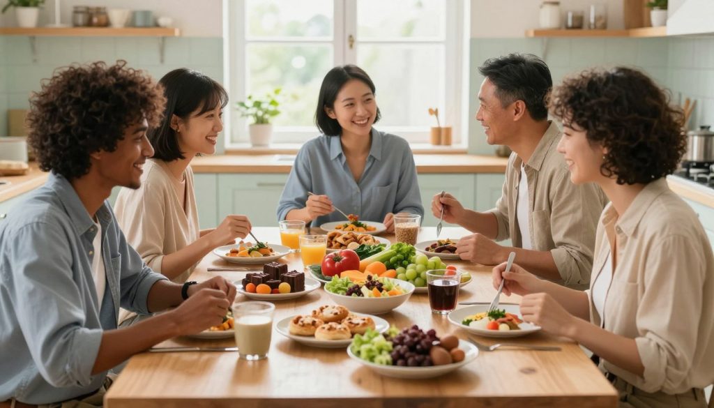 A serene kitchen setting featuring a beautifully arranged table overflowing with a variety of vibrant, healthy foods like fruits, vegetables, and whole grains alongside comfort foods such as chocolate and pastries. In the foreground, a diverse group of three individuals, dressed in professional casual attire, joyfully sharing a meal, embodying the concept of enjoying food without guilt. The middle ground showcases an assortment of dishes artfully presented, with soft, natural lighting coming through a window, creating a warm and inviting atmosphere. In the background, light pastel colors on the walls add to the positivity of the scene. The overall mood conveys a sense of balance, mindfulness, and celebration of culinary diversity, encouraging viewers to embrace their food choices. A serene kitchen setting featuring a beautifully arranged table overflowing with a variety of vibrant, healthy foods like fruits, vegetables, and whole grains alongside comfort foods such as chocolate and pastries. In the foreground, a diverse group of three individuals, dressed in professional casual attire, joyfully sharing a meal, embodying the concept of enjoying food without guilt. The middle ground showcases an assortment of dishes artfully presented, with soft, natural lighting coming through a window, creating a warm and inviting atmosphere. In the background, light pastel colors on the walls add to the positivity of the scene. The overall mood conveys a sense of balance, mindfulness, and celebration of culinary diversity, encouraging viewers to embrace their food choices.