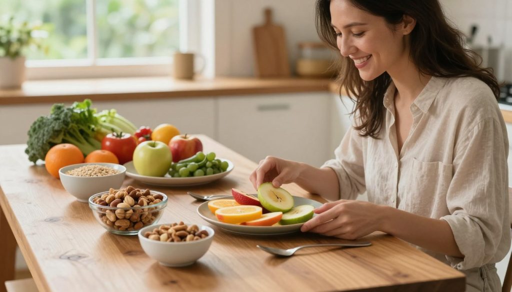 A serene kitchen setting filled with natural light, showcasing a beautiful wooden table laden with colorful, fresh fruits and vegetables, symbolizing the principles of intuitive eating. In the foreground, a casually dressed woman, smiling and engaging with a plate of sliced fruits, embodies a sense of joy and connection with food. The middle of the scene features a variety of small bowls containing nuts, grains, and wholesome snacks, promoting diverse food choices. In the background, soft greenery through a window hints at a garden, creating an airy, calming atmosphere. Warm, diffused lighting enhances the inviting feel of the scene, and the angle captures the warmth and positivity of embracing mindful eating. The overall mood is encouraging and uplifting, focusing on a balanced, joyful relationship with food. A serene kitchen setting filled with natural light, showcasing a beautiful wooden table laden with colorful, fresh fruits and vegetables, symbolizing the principles of intuitive eating. In the foreground, a casually dressed woman, smiling and engaging with a plate of sliced fruits, embodies a sense of joy and connection with food. The middle of the scene features a variety of small bowls containing nuts, grains, and wholesome snacks, promoting diverse food choices. In the background, soft greenery through a window hints at a garden, creating an airy, calming atmosphere. Warm, diffused lighting enhances the inviting feel of the scene, and the angle captures the warmth and positivity of embracing mindful eating. The overall mood is encouraging and uplifting, focusing on a balanced, joyful relationship with food.