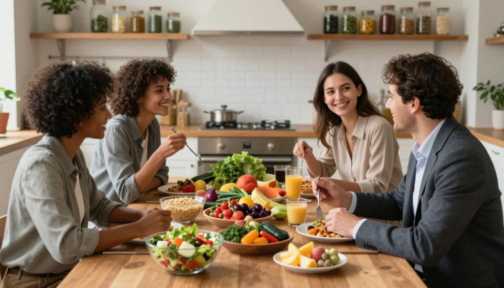 A serene kitchen setting, where a diverse group of four individuals (two men and two women, dressed in professional business attire) gather around a beautifully arranged wooden table filled with colorful, nourishing foods like fresh fruits, vibrant vegetables, whole grains, and healthy proteins. In the foreground, an inviting bowl of salad glows under warm, soft lighting. In the middle, the group is engaged in a meaningful conversation, sharing food and laughter, conveying a sense of connection and harmony. The background features soft-focus elements like rustic kitchen shelves filled with jars of herbs and spices, enhancing the overall warmth and inviting atmosphere. The scene is captured from a slightly elevated angle, highlighting the spread of food and the engaged expressions of the participants, all under a gentle, natural light that evokes a feeling of comfort and positivity. A serene kitchen setting, where a diverse group of four individuals (two men and two women, dressed in professional business attire) gather around a beautifully arranged wooden table filled with colorful, nourishing foods like fresh fruits, vibrant vegetables, whole grains, and healthy proteins. In the foreground, an inviting bowl of salad glows under warm, soft lighting. In the middle, the group is engaged in a meaningful conversation, sharing food and laughter, conveying a sense of connection and harmony. The background features soft-focus elements like rustic kitchen shelves filled with jars of herbs and spices, enhancing the overall warmth and inviting atmosphere. The scene is captured from a slightly elevated angle, highlighting the spread of food and the engaged expressions of the participants, all under a gentle, natural light that evokes a feeling of comfort and positivity.