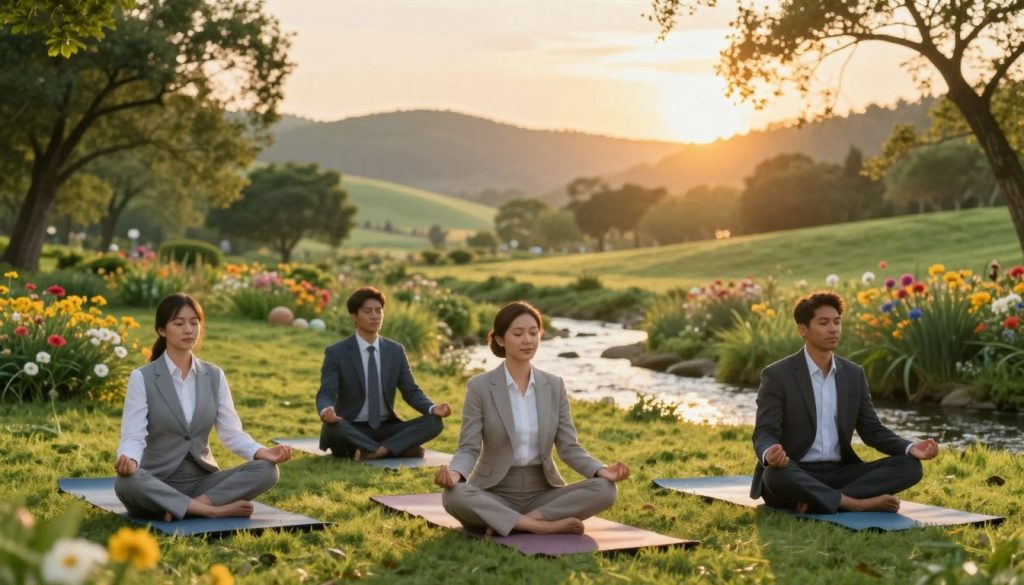 A serene landscape depicting body-mind harmony, featuring a tranquil outdoor scene harmonizing nature and human presence. In the foreground, a diverse group of three individuals in professional business attire meditating on yoga mats, their expressions radiating calm and focus. The middle ground showcases lush greenery with vibrant flowers and a gently flowing stream, symbolizing nourishment and vitality. The background features soft, rolling hills under a warm sunset, casting a golden glow that enhances the sense of peace. Include gentle sunlight filtering through the trees, creating dappled shadows. The atmosphere should feel balanced and uplifting, evoking a sense of interconnectedness and tranquility, perfect for illustrating the theme of emotional and physical nourishment. A serene landscape depicting body-mind harmony, featuring a tranquil outdoor scene harmonizing nature and human presence. In the foreground, a diverse group of three individuals in professional business attire meditating on yoga mats, their expressions radiating calm and focus. The middle ground showcases lush greenery with vibrant flowers and a gently flowing stream, symbolizing nourishment and vitality. The background features soft, rolling hills under a warm sunset, casting a golden glow that enhances the sense of peace. Include gentle sunlight filtering through the trees, creating dappled shadows. The atmosphere should feel balanced and uplifting, evoking a sense of interconnectedness and tranquility, perfect for illustrating the theme of emotional and physical nourishment.