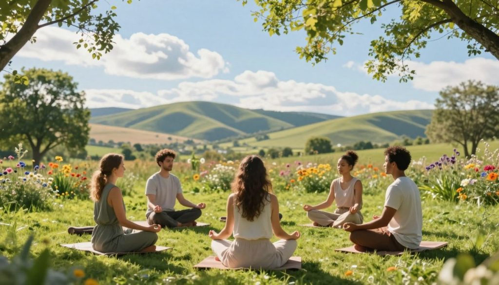 A serene outdoor scene reflecting holistic mental and emotional well-being. In the foreground, a diverse group of three individuals—two women and one man—engaged in a mindfulness meditation circle on a lush green lawn. Each person dresses in modest, comfortable clothing that complements nature. In the middle ground, colorful wildflowers and small trees create an inviting, peaceful atmosphere. The background features soft, rolling hills under a bright blue sky, dotted with fluffy white clouds. Warm sunlight filters through the leaves, casting gentle, dappled shadows on the ground, enhancing the calm vibe. The overall mood is tranquil and harmonious, promoting a sense of unity with nature and emotional balance. A serene outdoor scene reflecting holistic mental and emotional well-being. In the foreground, a diverse group of three individuals—two women and one man—engaged in a mindfulness meditation circle on a lush green lawn. Each person dresses in modest, comfortable clothing that complements nature. In the middle ground, colorful wildflowers and small trees create an inviting, peaceful atmosphere. The background features soft, rolling hills under a bright blue sky, dotted with fluffy white clouds. Warm sunlight filters through the leaves, casting gentle, dappled shadows on the ground, enhancing the calm vibe. The overall mood is tranquil and harmonious, promoting a sense of unity with nature and emotional balance.