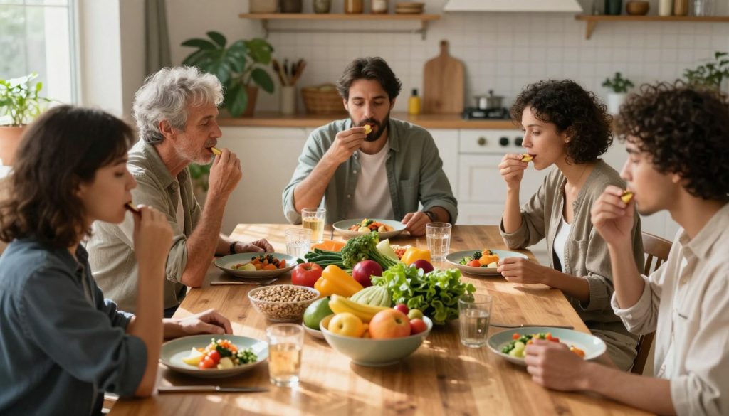 A serene scene depicting mindful eating habits. In the foreground, a diverse group of individuals seated around a beautifully arranged wooden dining table, engaging in a shared meal. Each person displays a thoughtful expression, savoring their food with small, deliberate bites. In the middle ground, a colorful spread of fresh fruits, vegetables, and whole grains sits in elegant bowls, emphasizing healthy choices. Soft natural light filters through a nearby window, casting gentle shadows that create an inviting atmosphere. In the background, a cozy kitchen with greenery and rustic decor enhances the warm, nourishing vibe. The composition captures a sense of connection and awareness, evoking tranquility and mindfulness in the relationship with food. The image should be crisp and vibrant, taken from a slightly elevated angle to encompass the communal aspect of the meal. A serene scene depicting mindful eating habits. In the foreground, a diverse group of individuals seated around a beautifully arranged wooden dining table, engaging in a shared meal. Each person displays a thoughtful expression, savoring their food with small, deliberate bites. In the middle ground, a colorful spread of fresh fruits, vegetables, and whole grains sits in elegant bowls, emphasizing healthy choices. Soft natural light filters through a nearby window, casting gentle shadows that create an inviting atmosphere. In the background, a cozy kitchen with greenery and rustic decor enhances the warm, nourishing vibe. The composition captures a sense of connection and awareness, evoking tranquility and mindfulness in the relationship with food. The image should be crisp and vibrant, taken from a slightly elevated angle to encompass the communal aspect of the meal.