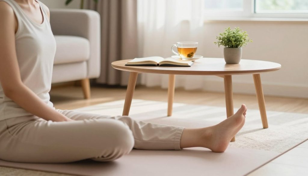 A serene scene of a cozy home environment illustrating self-care strategies. In the foreground, a calm person in comfortable, modest casual clothing practices yoga on a soft mat, embodying relaxation and mindfulness. In the middle ground, a neatly arranged coffee table features a journal, a cup of herbal tea, and a small plant, symbolizing reflection and growth. The background captures soft natural light streaming through a window adorned with light curtains, creating a warm and inviting atmosphere. The color palette consists of gentle pastels, promoting tranquility. The overall mood is peaceful and nurturing, inviting viewers to envision their own sustainable self-care routine. A serene scene of a cozy home environment illustrating self-care strategies. In the foreground, a calm person in comfortable, modest casual clothing practices yoga on a soft mat, embodying relaxation and mindfulness. In the middle ground, a neatly arranged coffee table features a journal, a cup of herbal tea, and a small plant, symbolizing reflection and growth. The background captures soft natural light streaming through a window adorned with light curtains, creating a warm and inviting atmosphere. The color palette consists of gentle pastels, promoting tranquility. The overall mood is peaceful and nurturing, inviting viewers to envision their own sustainable self-care routine.