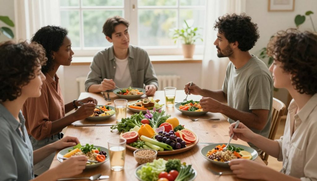 A serene table setting showcasing mindful eating practices. In the foreground, a diverse group of people in modest casual clothing are seated, engaging in deep conversation as they share a colorful, healthy meal of fresh vegetables, grains, and fruits. Their expressions reflect calmness and joy. In the middle ground, a beautifully arranged platter of food lies between them, adorned with herbs and flowers, emphasizing vibrancy. In the background, soft natural light filters through a large window, casting gentle shadows and adding warmth to the scene. The atmosphere is peaceful and inviting, encouraging mindfulness and connection. The angle is slightly elevated, providing a clear view of both the meal and the participants, inviting viewers to join in this uplifting experience of conscious eating. A serene table setting showcasing mindful eating practices. In the foreground, a diverse group of people in modest casual clothing are seated, engaging in deep conversation as they share a colorful, healthy meal of fresh vegetables, grains, and fruits. Their expressions reflect calmness and joy. In the middle ground, a beautifully arranged platter of food lies between them, adorned with herbs and flowers, emphasizing vibrancy. In the background, soft natural light filters through a large window, casting gentle shadows and adding warmth to the scene. The atmosphere is peaceful and inviting, encouraging mindfulness and connection. The angle is slightly elevated, providing a clear view of both the meal and the participants, inviting viewers to join in this uplifting experience of conscious eating.