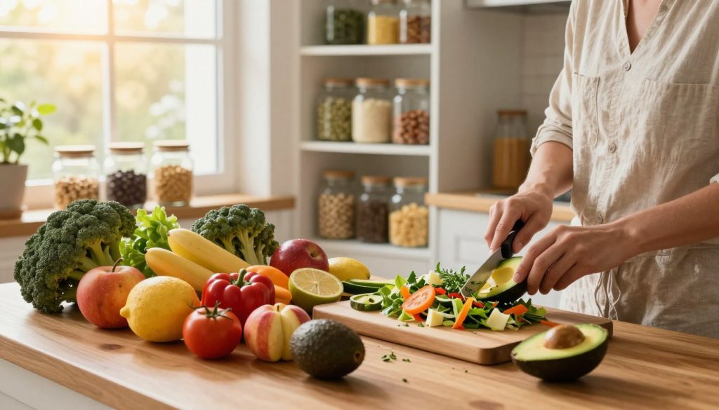 A vibrant and inviting kitchen scene, depicting a diverse array of fresh, colorful fruits and vegetables artfully arranged on a wooden table. In the foreground, a person wearing modest, casual clothing carefully prepares a healthy meal, joyfully slicing a ripe avocado and sprinkling herbs onto a vibrant salad. The middle ground showcases a thoughtfully organized pantry with glass jars filled with grains, nuts, and seeds, emphasizing sustainability. In the background, large windows let in warm, golden sunlight, creating a cozy and uplifting atmosphere. The scene conveys a sense of harmony and balance, illustrating the joy and simplicity of building healthy eating habits for life. Shot with a soft focus lens to enhance warmth and clarity, paired with natural, soft lighting for a welcoming effect. A vibrant and inviting kitchen scene, depicting a diverse array of fresh, colorful fruits and vegetables artfully arranged on a wooden table. In the foreground, a person wearing modest, casual clothing carefully prepares a healthy meal, joyfully slicing a ripe avocado and sprinkling herbs onto a vibrant salad. The middle ground showcases a thoughtfully organized pantry with glass jars filled with grains, nuts, and seeds, emphasizing sustainability. In the background, large windows let in warm, golden sunlight, creating a cozy and uplifting atmosphere. The scene conveys a sense of harmony and balance, illustrating the joy and simplicity of building healthy eating habits for life. Shot with a soft focus lens to enhance warmth and clarity, paired with natural, soft lighting for a welcoming effect.