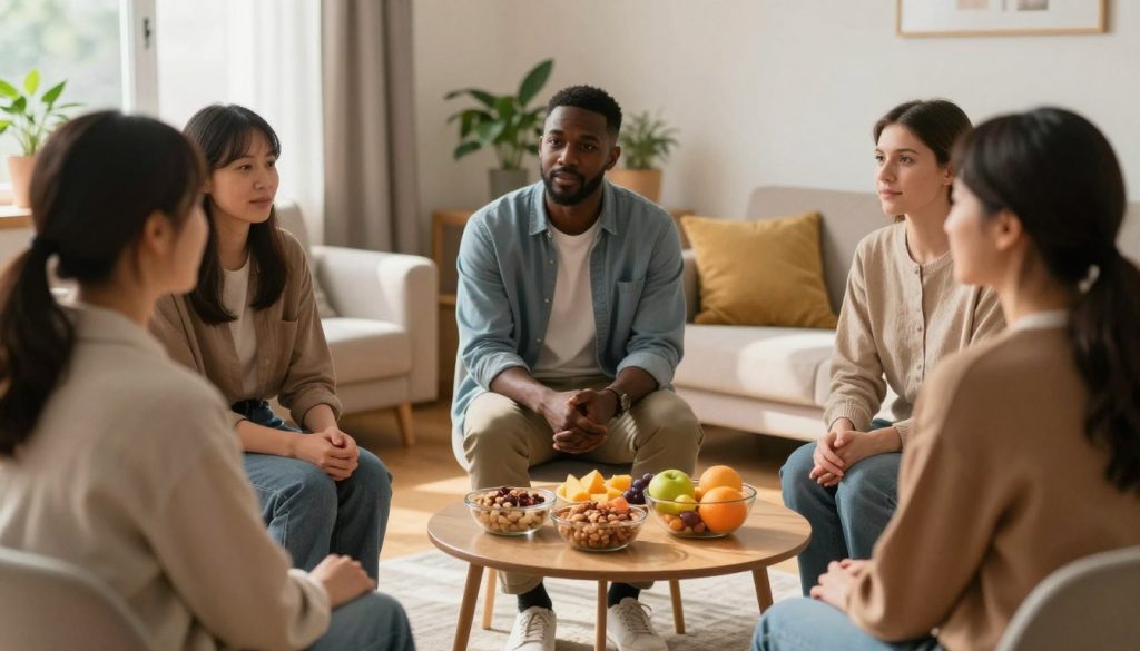 A warm, inviting scene depicting a small, cozy support group focused on emotional eating. In the foreground, a diverse group of three individuals—one woman of Asian descent, one Black man, and one Caucasian woman—are seated in comfortable, casual clothing, sharing their thoughts. They have attentive and empathetic expressions, fostering a supportive atmosphere. The middle ground features a table with healthy snacks like fruits and nuts, subtly reinforcing the theme of intuitive eating. In the background, a softly lit room with calming colors and plants creates a soothing environment. Natural light pours in through a window, casting gentle shadows. The overall mood should be one of warmth, connection, and understanding, emphasizing the journey of navigating emotional eating challenges. A warm, inviting scene depicting a small, cozy support group focused on emotional eating. In the foreground, a diverse group of three individuals—one woman of Asian descent, one Black man, and one Caucasian woman—are seated in comfortable, casual clothing, sharing their thoughts. They have attentive and empathetic expressions, fostering a supportive atmosphere. The middle ground features a table with healthy snacks like fruits and nuts, subtly reinforcing the theme of intuitive eating. In the background, a softly lit room with calming colors and plants creates a soothing environment. Natural light pours in through a window, casting gentle shadows. The overall mood should be one of warmth, connection, and understanding, emphasizing the journey of navigating emotional eating challenges.