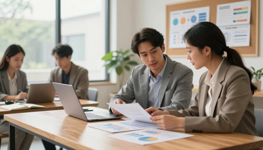 A modern, inviting home office space filled with elements of financial planning. In the foreground, a diverse group of two adults, a man and a woman, dressed in professional business attire, are gathered around a sleek wooden desk, reviewing documents and discussing goals, with colorful graphs and charts visible. In the middle, an open laptop and a notebook with a pen suggest active planning. The background features a large window that allows natural light to pour in, illuminating a bulletin board with inspiring goals and financial milestones displayed. The overall atmosphere is focused and collaborative, emphasizing the importance of defining financial objectives. The lighting is bright and warm, with a soft focus on the individuals to create an inviting and productive mood.