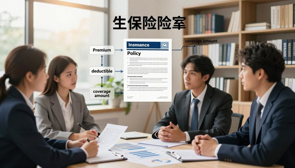 A visually striking illustration of life insurance policy coverage, featuring a professional setting that evokes trust and security. In the foreground, a diverse group of business professionals—two men and two women—are engaged in a discussion around a large table covered with documents and charts. They are dressed in smart business attire, with confident expressions indicating collaboration and understanding. In the middle ground, a detailed flowchart of insurance policy terms, like "premium," "deductible," and "coverage amount," is artistically integrated into the scene, enhancing the theme of clarity. In the background, soft focus shelves lined with books on finance and insurance, bathed in warm, natural light filtering through large windows, create an inviting atmosphere. The composition conveys a sense of informed decision-making and the importance of understanding life insurance coverage. A visually striking illustration of life insurance policy coverage, featuring a professional setting that evokes trust and security. In the foreground, a diverse group of business professionals—two men and two women—are engaged in a discussion around a large table covered with documents and charts. They are dressed in smart business attire, with confident expressions indicating collaboration and understanding. In the middle ground, a detailed flowchart of insurance policy terms, like "premium," "deductible," and "coverage amount," is artistically integrated into the scene, enhancing the theme of clarity. In the background, soft focus shelves lined with books on finance and insurance, bathed in warm, natural light filtering through large windows, create an inviting atmosphere. The composition conveys a sense of informed decision-making and the importance of understanding life insurance coverage.