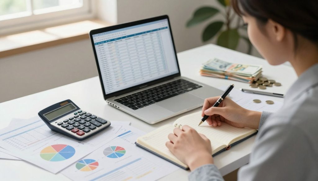 A well-organized desk cluttered with budgeting materials, including a calculator, colorful pie charts, and stacks of neatly arranged bills and coins. In the foreground, a focused young adult in professional attire, holding a pen and jotting notes in a planner, looks engaged in the budgeting process. In the middle, an open laptop displays a budgeting spreadsheet with clear financial categories. In the background, a soft, ambient light streams through a window, casting gentle shadows and creating a calm, productive atmosphere. The scene evokes a sense of determination and clarity, ideal for conveying the importance of financial planning and budgeting for individuals seeking everyday financial security.