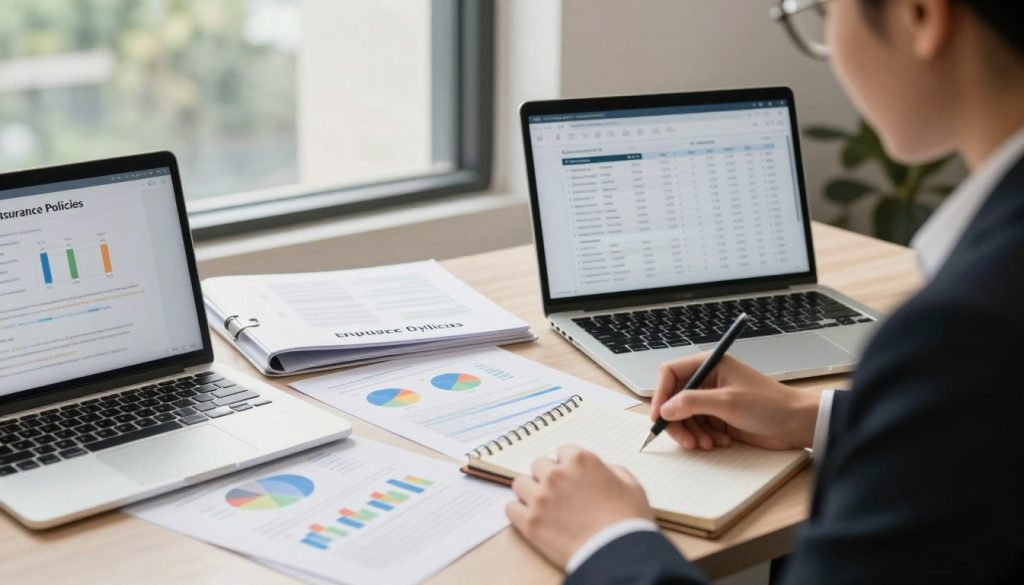 A well-organized office space centered on a desk with a laptop open to a financial application displaying insurance premium payment details. In the foreground, a professional-looking person dressed in business attire, with a focused expression, is calculating costs on a notepad. In the middle, a large binder labeled "Insurance Policies" opens to reveal colorful charts and documents outlining policy terms and conditions. In the background, a large window allows soft, natural light to filter in, casting gentle shadows that create a calm, professional atmosphere. The overall mood is one of diligence and clarity, emphasizing intelligent decision-making in financial planning. A well-organized office space centered on a desk with a laptop open to a financial application displaying insurance premium payment details. In the foreground, a professional-looking person dressed in business attire, with a focused expression, is calculating costs on a notepad. In the middle, a large binder labeled "Insurance Policies" opens to reveal colorful charts and documents outlining policy terms and conditions. In the background, a large window allows soft, natural light to filter in, casting gentle shadows that create a calm, professional atmosphere. The overall mood is one of diligence and clarity, emphasizing intelligent decision-making in financial planning.
